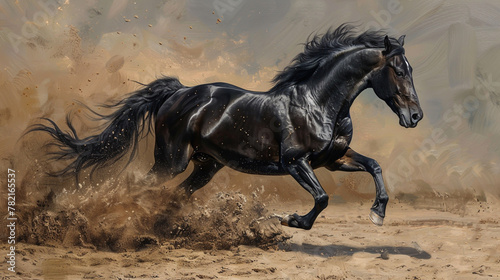 A dark horse races through the desert.