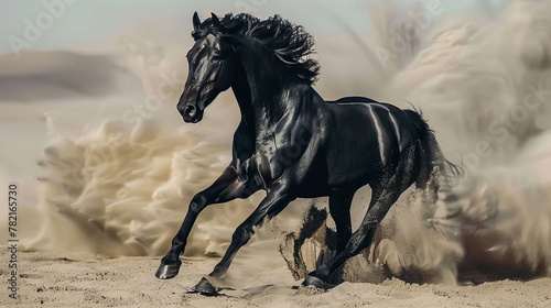 A black stallion races across the desert sands.