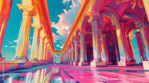 Capture the grandeur from a low-angle view of a virtual reality world inspired by classic literature using vibrant pop art colors in a digital rendering technique