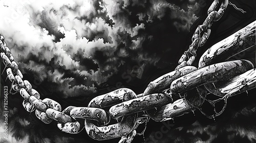 Capture the intricate details of a weathered anchor chain against a dramatic sky in a detailed black and white pen and ink illustration