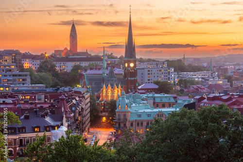 Scenic aerial view of Old Town with Oscar Fredrik Church at gorgeous sunset, Gothenburg, Sweden.