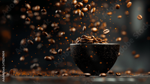 Coffee beans in a black cup, coffee magic Art with golden lights and drops of coffee scattering on black background 