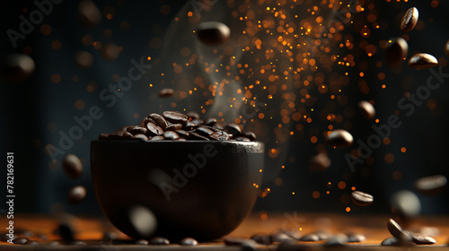 Coffee beans in a glass in the dark black background, coffee Art with golden lights on the background 
