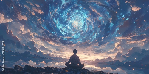 A person meditating in the center of an oceanlike space, surrounded by colorful nebulae and stars. Ethereal cosmic background with swirling clouds
