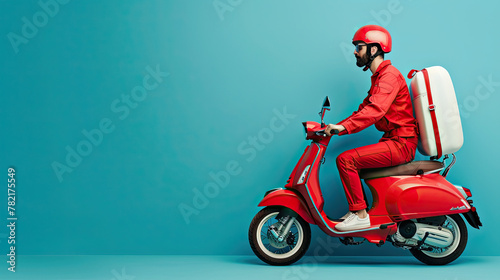 Side view of delivery man wearing red driving a moped motorcycle. isolated on pastel blue background