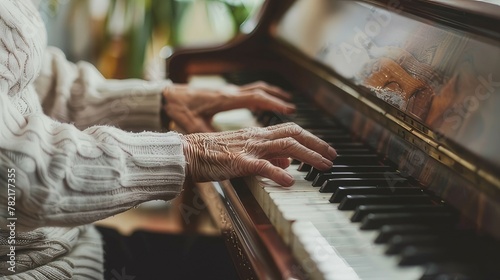 Fading Melodies Senior Person Hesitating at the Piano, Reflecting on Lost Skills and Hobbies Due to Dementia 