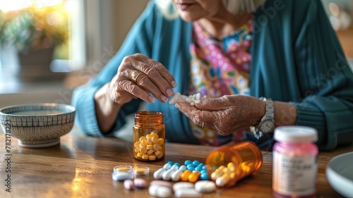 Managing Medication Challenges Senior Individual Contemplating Pills at a Table, Reflecting Confusion and Hesitation 