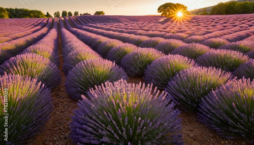 A field of lavender flowers with the sun setting in the background, casting a warm glow over the landscape