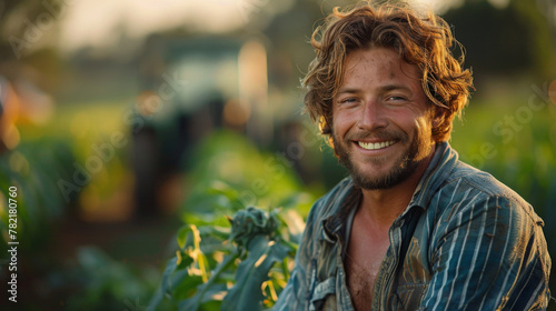 Portrait of a handsome young farmer standing in a shirt and smiling at the camera, on a tractor and nature background. Concept: bio ecology, clean environment, beautiful and healthy people, farmers
