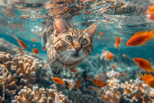The cat swims and dives into the sea for fish coral