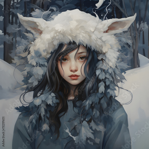 Enigmatic beauty in winter wonderland: Captivating portrait of a girl with a snowy backdrop