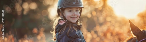 Smiling girl in a helmet ready for horseback riding. Outdoor activity and equestrian theme.