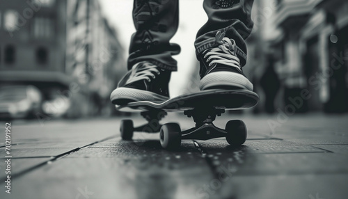 Black and white photo of shoes on a skateboard