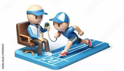 3D Icon as Circuit Challenge Trainer Timing a Circuit Challenge with Various Stations in Candid Daily Environment and Routine of Work - Isolated White Background
