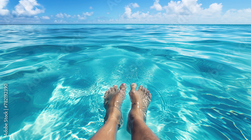 Closeup woman bare feet in the blue transparent water of sea or pool against blue cloudy sky with space for copy