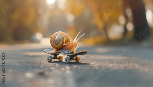 Snail on a skateboard on autumn background