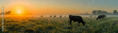 Cattle grazing at sunrise in a misty meadow. Rural farming landscape photography