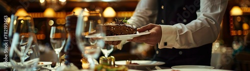 Waiter serving a gourmet steak dish. Fine dining and culinary art concept