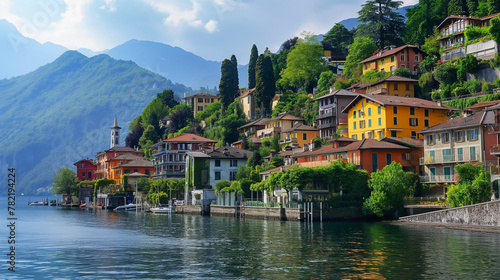 Tranquil lakeside town with colorful houses and lush green mountains. Wallpaper background. Generative AI