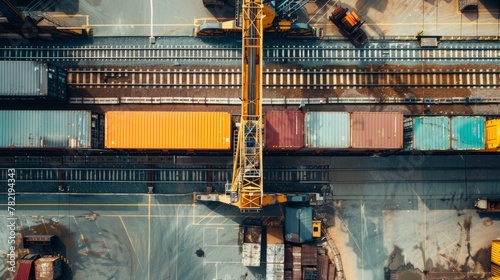 A high-angle shot capturing a crane lifting a shipping container onto a freight train in a busy train yard setting