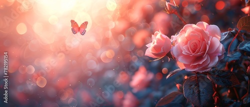 An enchanting spring or summer floral banner with blossoming pink roses and flying peacock eye butterflies against a blurred beautiful pastel background.