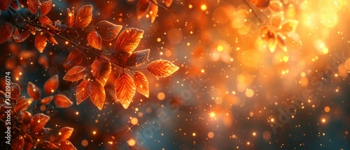 Toned autumn banner with branches decorated with golden yellow maple leaves and bokeh, against a fantasy background of autumnal foliage.