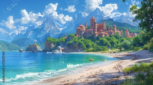 This is a picture of a seaside town, beach, and coast. Fantasy Backdrop. Concept Art. Realistic Illustration. Video Game Digital Artwork Background. Natural Scenery.