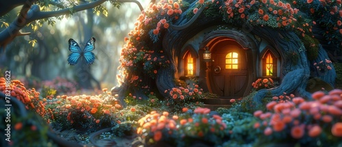 Magical flower garden with giant pink roses, blue peacock eye butterfly, fairy tale forest with magical shining windows, elf house in hollow fantasy pine tree, copy space, magic forest.