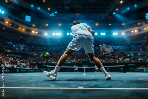 A tennis player is swinging a racket at a yellow ball