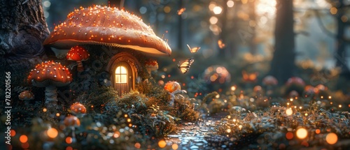 A fairytale forest with giant mushrooms, a house in a pine tree hollow with a shining window, and flying fairytale magic butterflies flying along the path.
