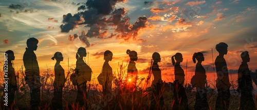 Multiple silhouetted figures blended with a dramatic sunset sky.