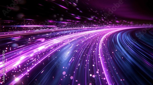 Purple and Silver light trails, the flow of data within computer systems or networks, the transfer of information .internet speed, data transfer, fast computing.