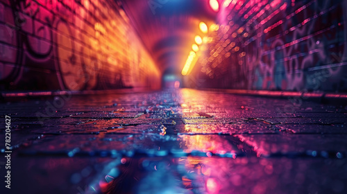 A vibrant tunnel illuminated by neon lights, with colorful graffiti art adorning the walls in the background.