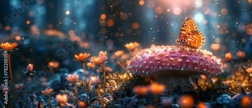 Fantasy Magical Mushrooms and Butterfly in Enchanted Fairytale Dreamy Elf Forest with splendid pink blooming Rose Flower on mysterious nature background and shiny glowing moon rays at night.