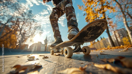 Young person skateboarding in a park during sunset.