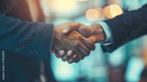 A businessman shaking hands with a partner, greeting, doing business, merging, acquiring, and doing business together. A joint venture may also be shown, as well as a copy area for business, finance,