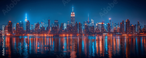 Header. Iconic landmark photograph of a famous city skyline illuminated by city lights at night, showcasing the bustling energy and urban sophistication of a cosmopolitan metropolis. Website, design