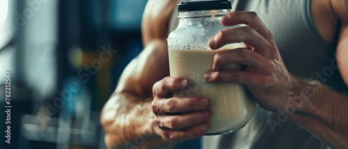 People concept - close up of man with jar and bottle preparing protein shakes for sport, fitness, and healthy living