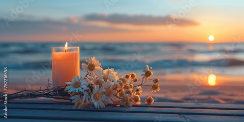 A simple composition of a candle and flowers on a wooden table. Perfect for home decor or relaxation themes