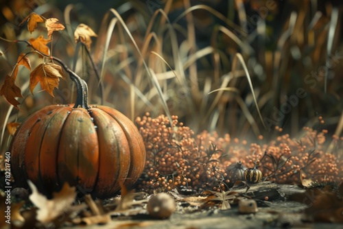 A small pumpkin sitting in the middle of a field. Perfect for fall harvest themes