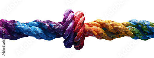 A colorful, rainbow-colored rope made of yarn is floating in the air, with one end tied to an isolated white background.