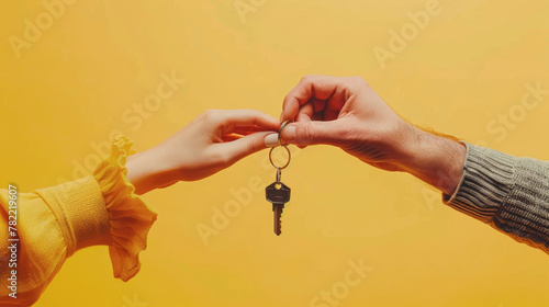 A young couple holds the keys to the house on an orange isolated background.