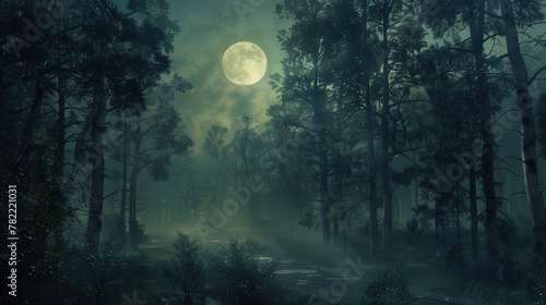 dark forest, night in the woods, mystic atmosphere, full moon