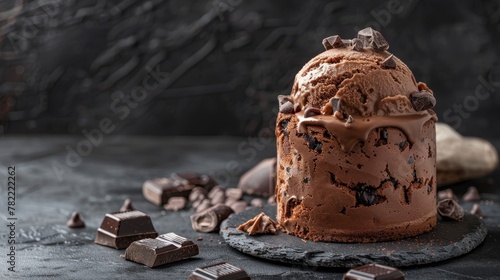 Dark background and white copy space on chocolate panettone with chocolate ice cream