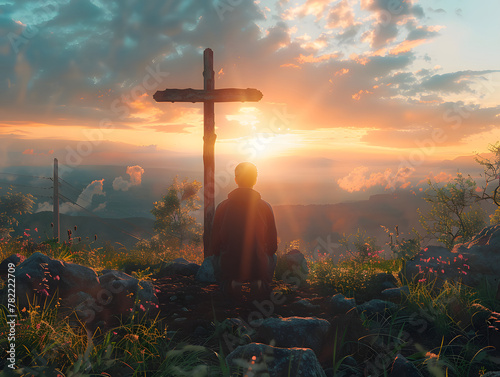 A man with a backpack kneels in front of a cross on a hill at sunset.