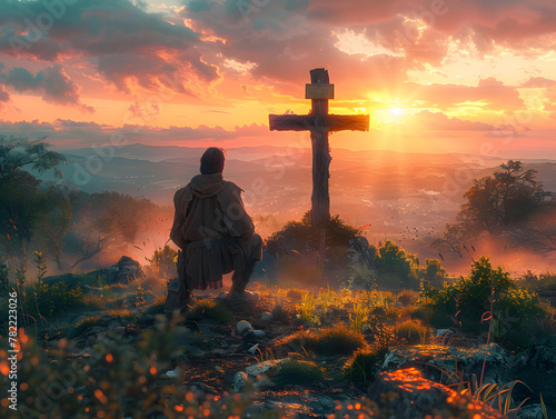 A man with a backpack kneels in front of a cross on a hill at sunset.