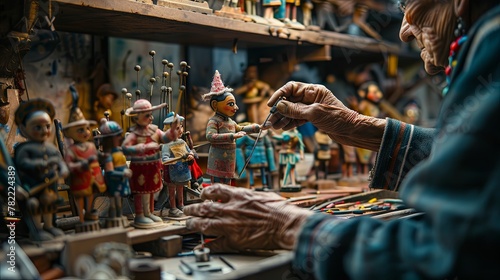 Elderly artisan crafting traditional puppets in a workshop