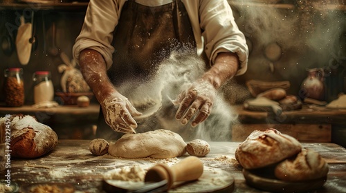 Artisan baker kneading dough in a rustic bakery