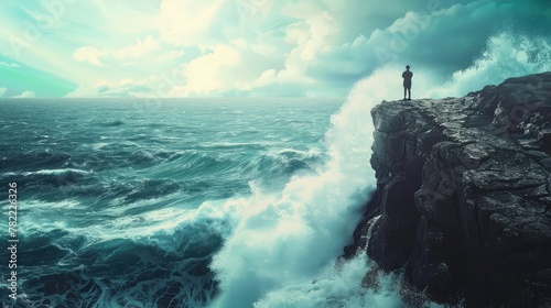 A lone figure standing on a cliff edge, facing a turbulent sea with waves crashing against the rocks below,