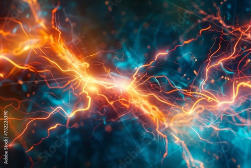 Vivid abstract energy flow with electric sparks - This abstract image captures a vivid and intense energy flow featuring electric sparks and dynamic lines across a dark field